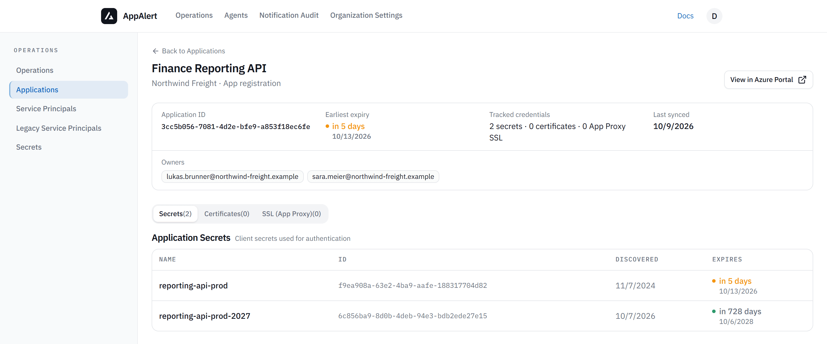 Application detail for Finance Reporting API showing its two owners, the secret that expires in five days, and its replacement secret.