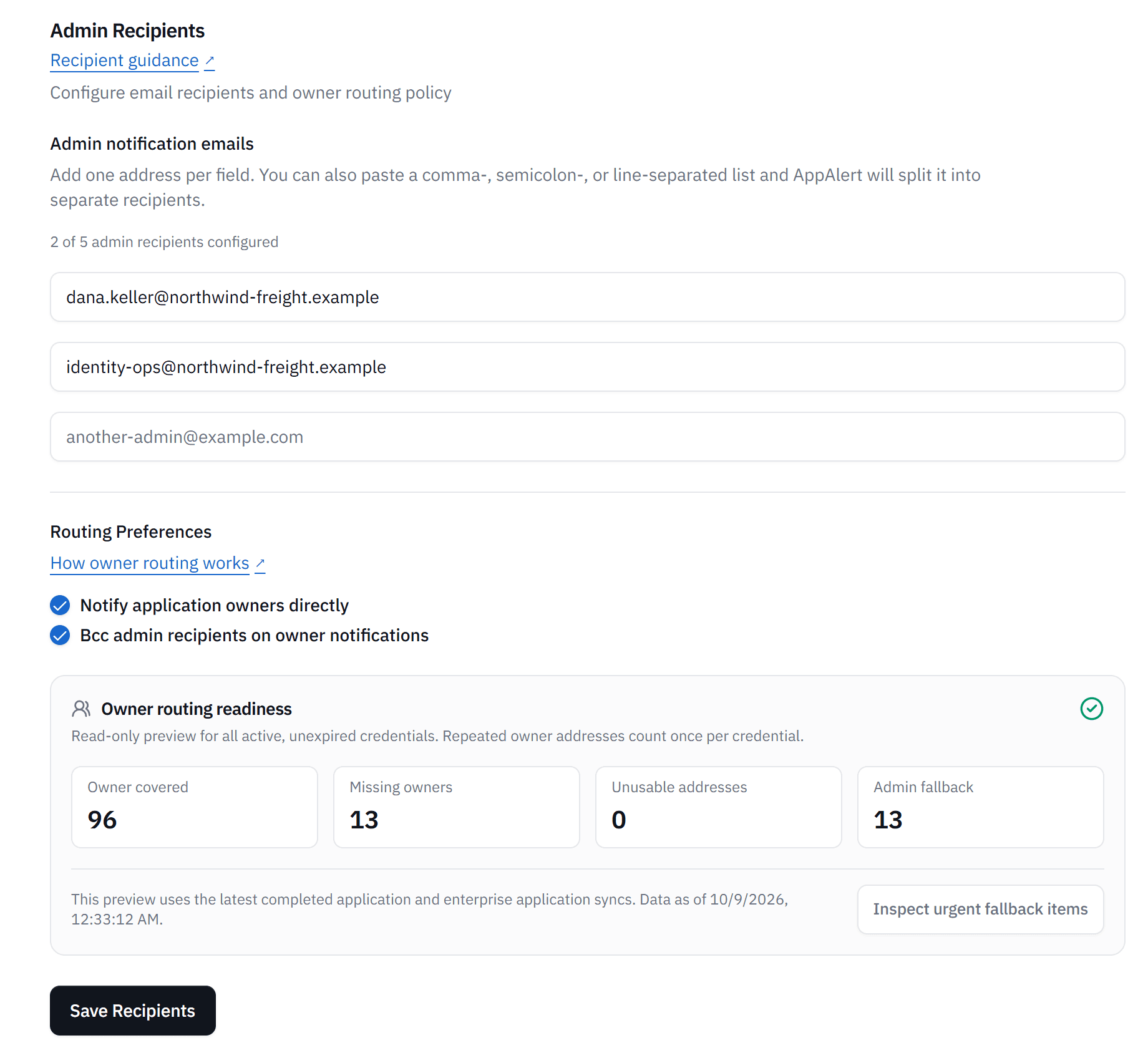 Organization Settings with two admin recipients, owner routing and Bcc to admins turned on, and an owner routing readiness summary.